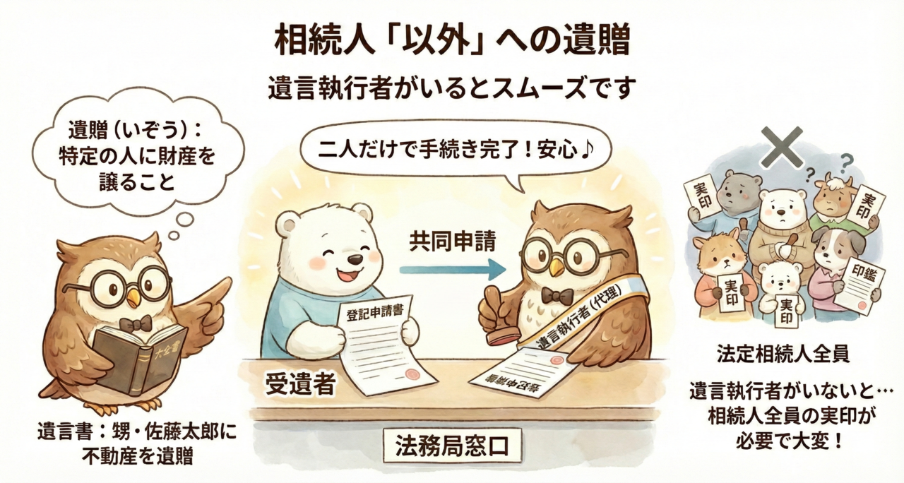 相続登記の申請は「受遺者（もらう人）」と「遺言執行者（あげる側＝亡くなった人の代理）」が共同で行います。