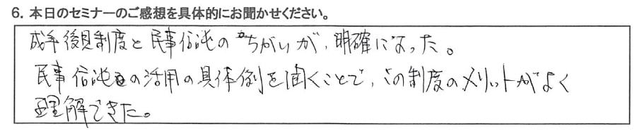 成年後見制度と民事信託のちがいが明確になった。 民事信託の活用の具体例を聞くことで、この制度のメリットがよく理解出来た。