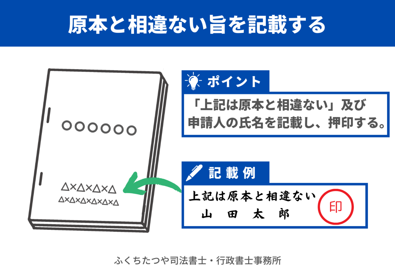 「上記は原本と相違ありません」と記載し、申請する方が氏名を記載し、申請書に使用した印鑑で捺印します。