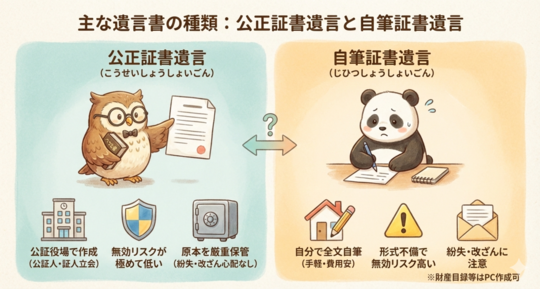 主な遺言書の種類　公正証書遺言と自筆証書遺言